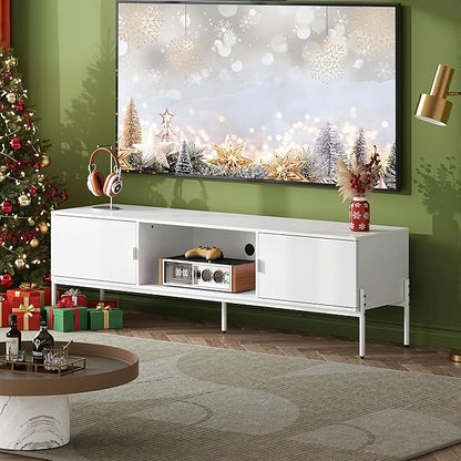 WLIVE TV Stand for 65 Inch TV, Mid Century Modern Entainment Center with 2 Storage Cabinets & Open Shelf, TV Console Table Media with Metal Legs for Living Room, Bedroom, White
