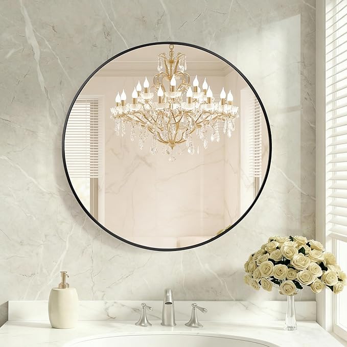 DUMOS 24 Inch Round Wall Mirror, Bathroom Mirror with Metal Frame, HD Reflection Shatterproof Glass Vanity Mirror, Decor for Bathroom Vanity Bedroom Entryway, Black