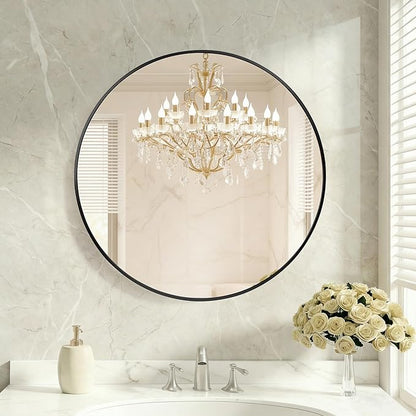DUMOS 24 Inch Round Wall Mirror, Bathroom Mirror with Metal Frame, HD Reflection Shatterproof Glass Vanity Mirror, Decor for Bathroom Vanity Bedroom Entryway, Black
