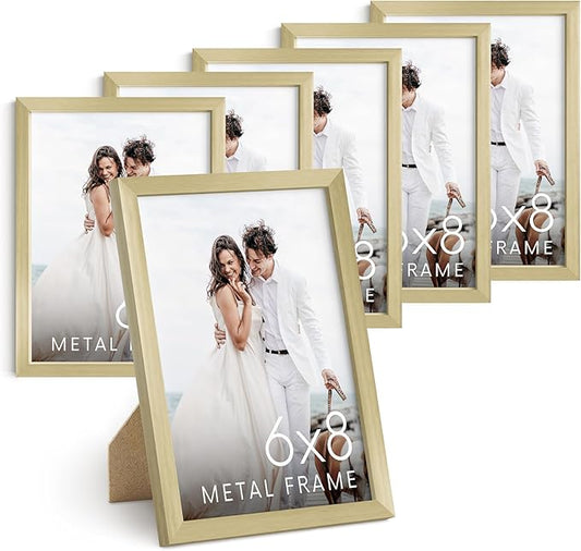 HAUS AND HUES 6x8 Gold Metal Picture Frames - Premium Aluminum with Vertical Hanging & Tabletop Display - Ideal for Home, Office (6x8 in, Gold, Set of 6)
