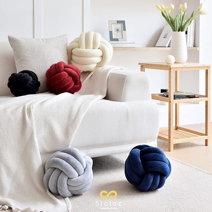 Sioloc Soft Knot Ball Pillows,Round Throw Pillow Cushion Home Decoration Plush Pillow,Throw Knotted Pillow Handmade Round Plush Pillow（13.7inches,Ivory）