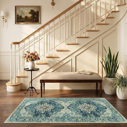 RELEANY Area Rugs 2'6"x5' Runner Rug Non Slip Washable for Kitchen Hallway Bedroom Beside Laundry Room Bathroom Rug, Floor Carpet, Dark Blue Vintage