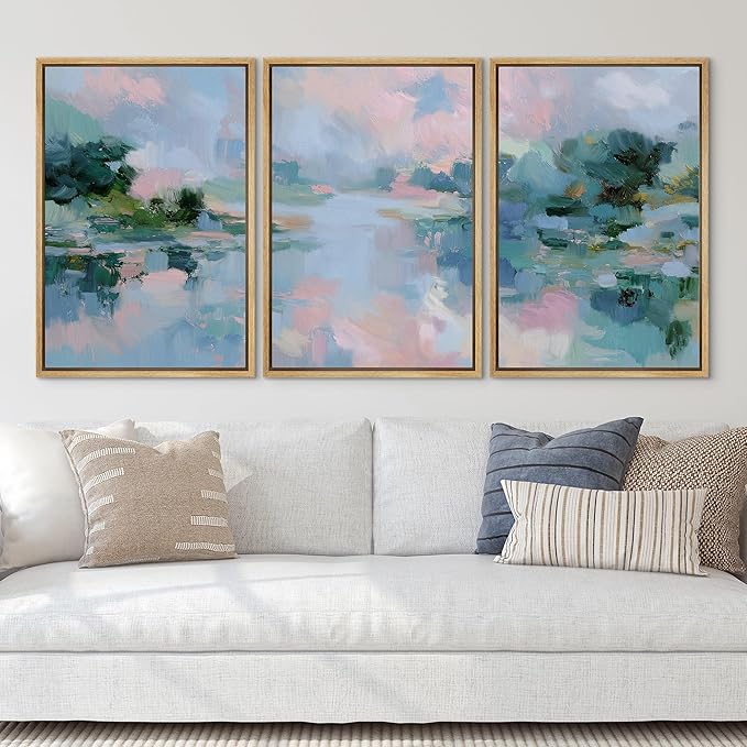SIGNLEADER Framed Canvas Print Wall Art Set Soft Pastel Lake Landscape Illustrations Minimal Decorative Bohemian Nordic for Living Room, Bedroom, Office - 24"x36"x3 NATURAL