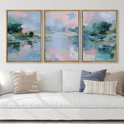 SIGNLEADER Framed Canvas Print Wall Art Set Soft Pastel Lake Landscape Illustrations Minimal Decorative Bohemian Nordic for Living Room, Bedroom, Office - 24"x36"x3 NATURAL