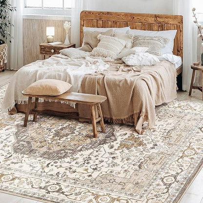 Area Rug for Living Room - 9x12 Soft Washable Oriental Vintage Floral Distressed Large Carpet - Fade Stain Resistant Non Slip Rugs for Bedroom Dining Room Nursery Dorm Office Home Decor-Camel/Beige
