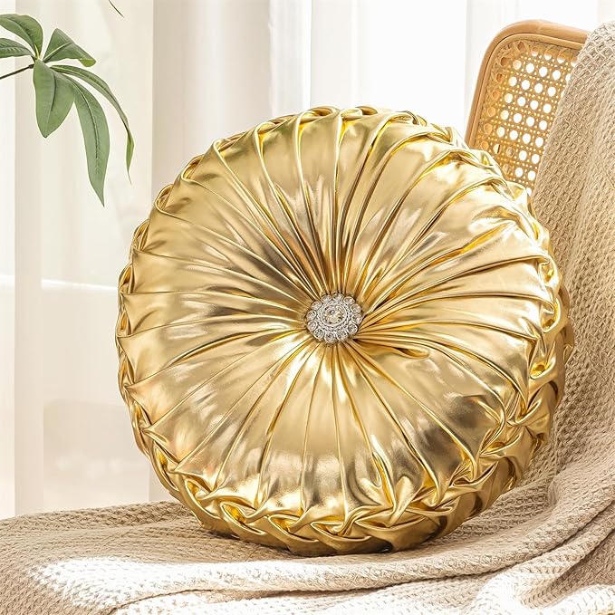 Gold Round Throw Pillows, Soft Spandex Fabric Pumpkin Pleated Handmade Metallic Decorative Throw Pillows Floor Pillows Cushion for Sofa Couch Bed Living Room Chair Decoration