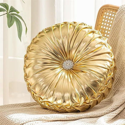 Gold Round Throw Pillows, Soft Spandex Fabric Pumpkin Pleated Handmade Metallic Decorative Throw Pillows Floor Pillows Cushion for Sofa Couch Bed Living Room Chair Decoration
