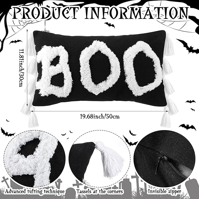 Yuntau Halloween Throw Pillow Cover with Tassels 12 x 20 Inch Decorative Boo Pillowcase Embroidery Furry Plush Boo Cushion Cover Halloween Decorations for Home Bedroom Sofa Couch Living Room Outdoor