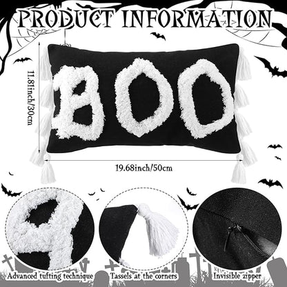 Yuntau Halloween Throw Pillow Cover with Tassels 12 x 20 Inch Decorative Boo Pillowcase Embroidery Furry Plush Boo Cushion Cover Halloween Decorations for Home Bedroom Sofa Couch Living Room Outdoor