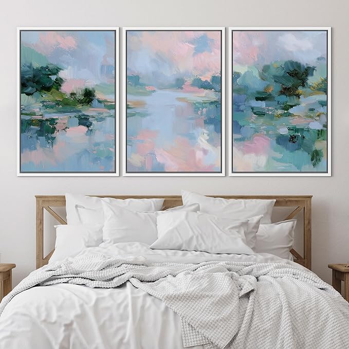 SIGNLEADER Framed Canvas Print Wall Art Set Soft Pastel Lake Landscape Illustrations Minimal Decorative Bohemian Nordic for Living Room, Bedroom, Office - 16"x24"x3 WHITE