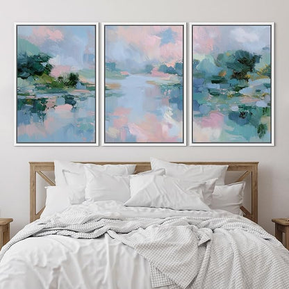 SIGNLEADER Framed Canvas Print Wall Art Set Soft Pastel Lake Landscape Illustrations Minimal Decorative Bohemian Nordic for Living Room, Bedroom, Office - 16"x24"x3 WHITE
