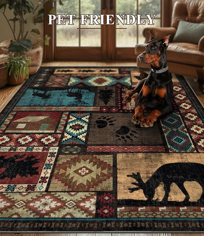 YIHOUSE Rustic Cabin Rugs for Living Room 9x12, Wildlife Bear & Deer Area Rug, Washable Southwestern Lodge Large Area Rug