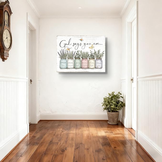Inspirational Bible Verse Wall Art God Says You Are Sayings Wall Decort Christian Gift Quotes Painting scripture Pictures Print Flowers in Mason Jar Poster for Women Girls Bedroom(16x12 Canvas)