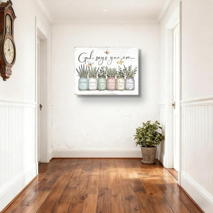 Inspirational Bible Verse Wall Art God Says You Are Sayings Wall Decort Christian Gift Quotes Painting scripture Pictures Print Flowers in Mason Jar Poster for Women Girls Bedroom(16x12 Canvas)