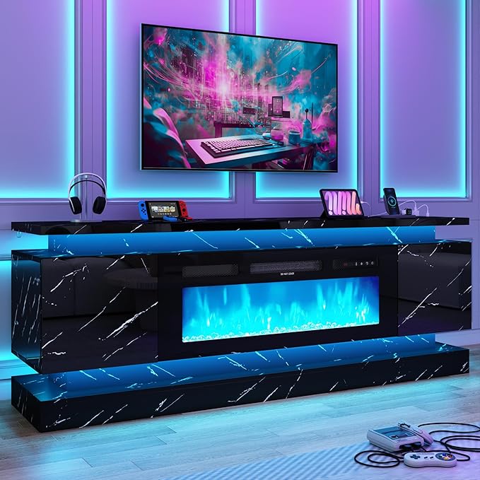 chartustriable 71IN LED TV Stands w/40 inch Fireplace Power Outlet for 85/80/75 Inch TVs,High Glossy Modern TV Media Console Gaming with 2 Storage Cabinets,Dual LED Lights,Black Marble