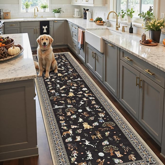 Black Dog Rug for Hallways Kitchen Rug 2x8, Non Slip Washable Rugs with Rubber Backing Soft Floral Dog Carpet Runner for Hallways, Kitchen, Laundry, Bedroom, Bathroom (2 x 8, Black)