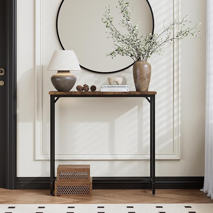 Narrow Entryway Console Table & Sofa Side Table - Industrial Hallway Table for Small Spaces, Behind Couch Table, Multi-Functional Living Room Bedroom Office,Brown, 29.5" x 9.4" x 29.5"