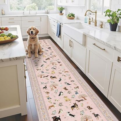 Floral Dog Runner Rug Pink Carpet Non-Slip, 2x10 Washable Rug Ultra-Thin Soft for Hallways, Kitchen Mat Stain Resistant for Entryway Bathroom (2 x 10, Pink)