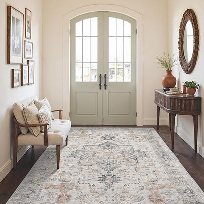 GENIMO 3x4 Area Rugs for Living Room, Machine Washable Rug, Non Slip Indoor Vintage Rug, Low Pile Lightweight Chenille Print Carpet for Bedroom Dining Room Home Office, Light Taupe Brown