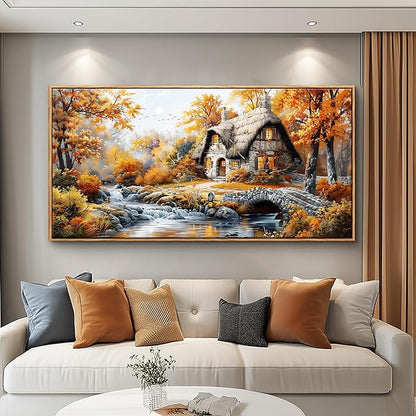 QIYILEXWART Canvas Wall Art For Living Room Large Wall Decor For Office Bedroom Decorations Autumn Cottage River Landscape Pictures Farmhouse Painting Artwork Room Wall Mural Aesthetic Home Decor 30x60 In