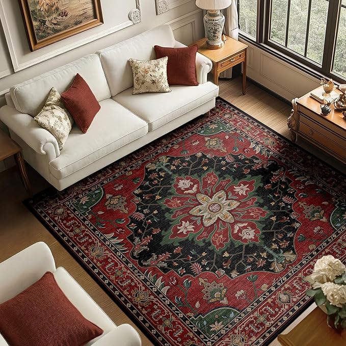 RELEANY Area Rugs Square 6ft Washable Non-Slip, Floral Vintage Distress Print Pattern Medallion Carpet for Living Room Bedroom Dining Room, Red Black