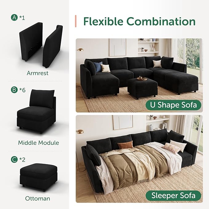 HONBAY Modular Sectional Couch U Shaped Sectional Sofa with Storage Velvet Convertible Sectional Couches for Living Room,Black