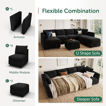 HONBAY Modular Sectional Couch U Shaped Sectional Sofa with Storage Velvet Convertible Sectional Couches for Living Room,Black
