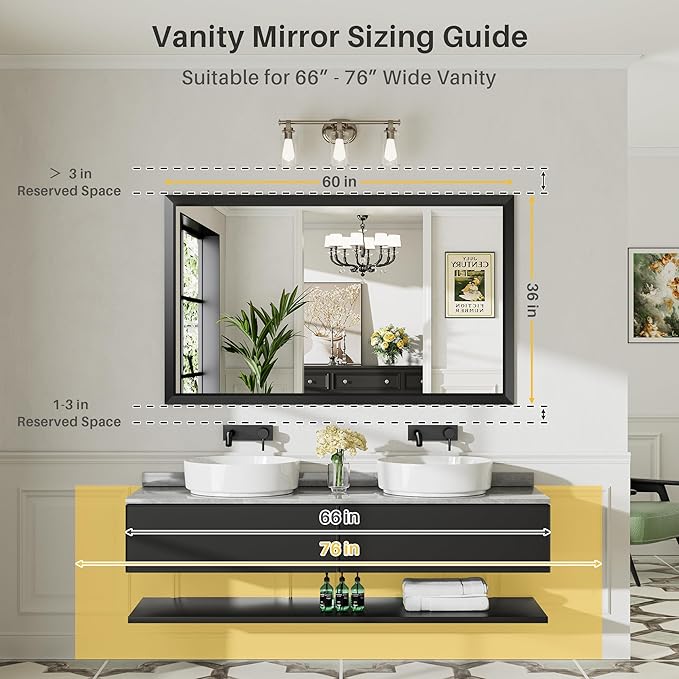 Briivue 60x36 Inch Black Bathroom Mirror for Wall, Thick Metal Framed Rectangle Mirrors for Over Sink, Bedroom, Living Room, Entryway, Anti-Rust, HD Tempered Glass
