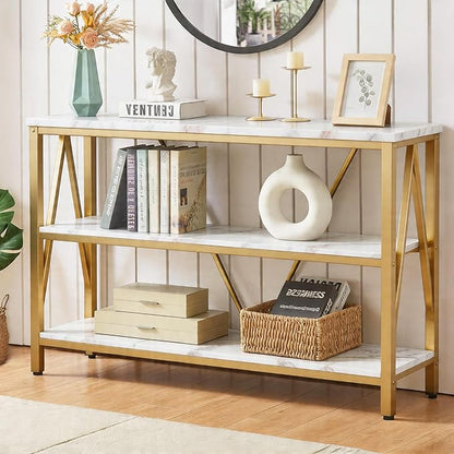 HOMISSUE Entryway Console Table, Rustic Console Tables with Wide Storage, Industrial Foyer for Entry with 3-Tier Open Shelves, Gold, 47 Inch