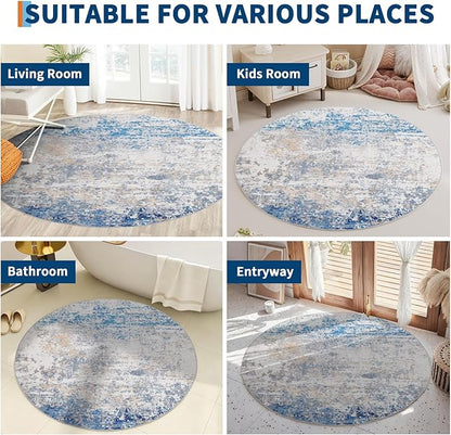 ROYHOME Modern Abstract 4x4 Round Area Rug Non Slip Non Shedding Rug Low Pile Stain Resistant for Bedroom Living Room Office Dining Room,Blue/Grey