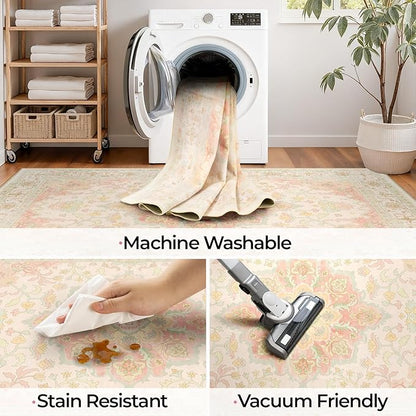 CAPALOCA Machine Washable Rugs Nursery Rug 2x3 Cute Girl Non Slip Low Pile Water Repellent Soft Print Pattern for Bedroom Indoor Decor Kids Playroom Pink Green