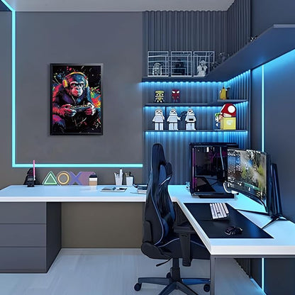 Gamer Monkey Wall Art, Gorilla Playing Video Game with Controller Canvas Print Poster, Colorful Graffiti Gaming Animal Painting, Boys Room Game Room Wall Decor 12x16 Inch Wood Framed