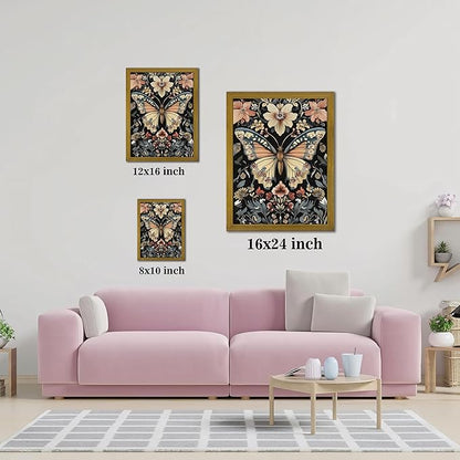 Hand Drawn Sandstone Nature Floral Wall Art, Framed Vintage 3D Textured Butterfly Wall Decor, Gothic Style Flower Insect Print Painting for Living Room Bedroom Home Decor 12x16 inch