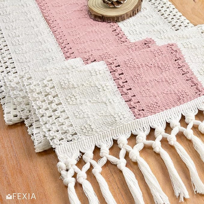 FEXIA Boho Table Runner Summer Home Decor with Tassels 72 Inches Long Pink Farmhouse Rustic Table Runner Burlap Centerpieces for Tables Decoration for Living Room (12x72 Inches)
