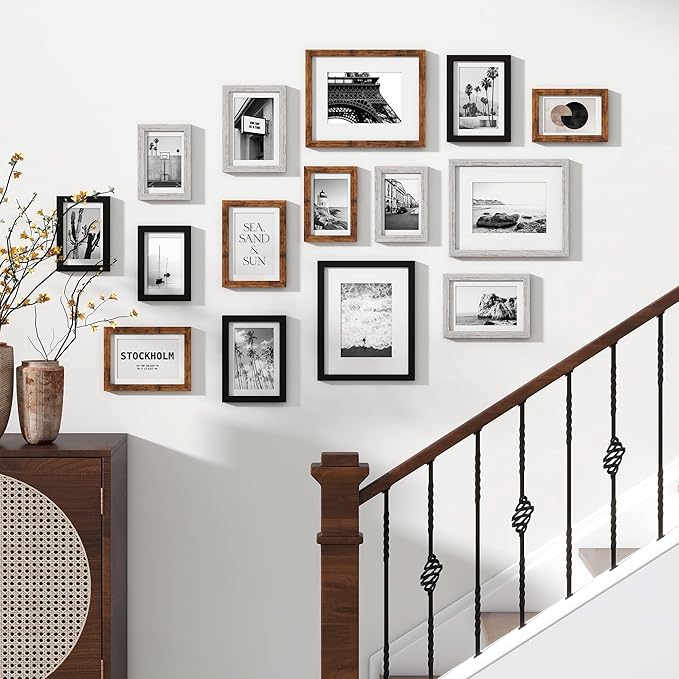 Venusmiles 15 Pack Picture Frames Collage Wall Decor, Gallery Frame Set for Wall Mounting or Tabletop Display, Multi Sizes Including 3pcs 8x10, 6pcs 5x7, 6pcs 4x6, Black+Rustic Brown+Distressed White