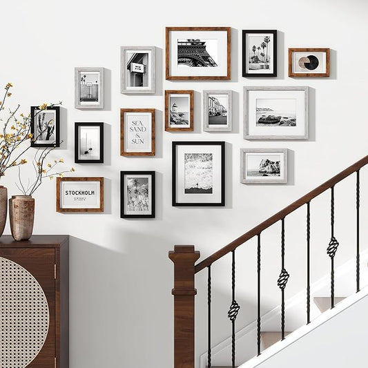 Venusmiles 15 Pack Picture Frames Collage Wall Decor, Gallery Frame Set for Wall Mounting or Tabletop Display, Multi Sizes Including 3pcs 8x10, 6pcs 5x7, 6pcs 4x6, Black+Rustic Brown+Distressed White