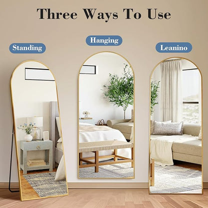 DUMOS 58"x19" Arched Full Length Mirror with Stand, Floor Standing Aluminum Frame, Shatter-Proof Nano Glass for Bedroom, Living Room, Cloakroom – Modern Simple Home Decor,Hanging or Leaning,Gold