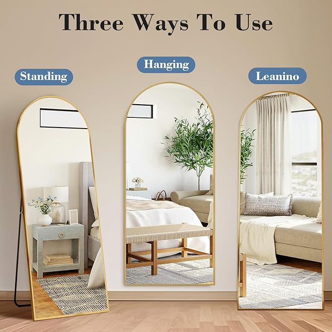 NEWBULIG Arched Mirror Full Length, 58"x19" Body Wall Mirrors with Shatter-Proof Glass, Upgraded Floor Standing Mirror, Hanging or Leaning, with Stand Aluminum Alloy Frame for Home Decor, Gold
