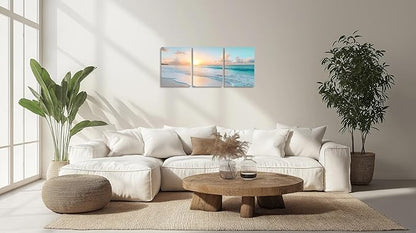 TutuBeer 3 Panels Beach Pictures Wall Art Beach Canvas Wall Art Ocean Pictures Seascape Paintings Coastal Picture Framed Artwork for Bathroom Living Room Office Home Decor Each Panel 12" x 16"