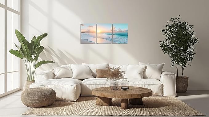 TutuBeer 3 Panels Beach Pictures Wall Art Beach Canvas Wall Art Ocean Pictures Seascape Paintings Coastal Picture Framed Artwork for Bathroom Living Room Office Home Decor Each Panel 16" x 24"