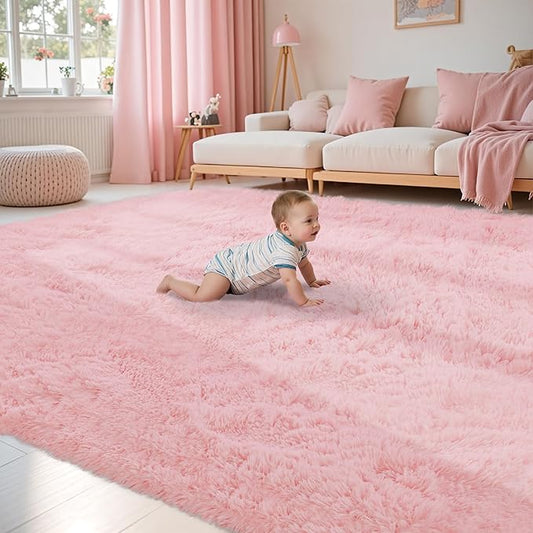 Fluffy Pink Area Rug for Bedroom Living Room Soft 8x10 Fuzzy Washable Rugs Non-Shedding Indoor Plush Rug for Nursery Kids Room Dorm Room Home Decor, High Pile Shaggy Floor Carpets(Dark Pink 8'x10')