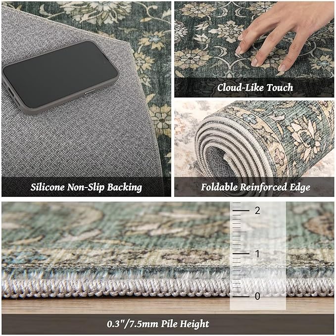 Washable 10x14 Area Rugs for Living Room, Boho Non-Slip Vintage Distress Large Rugs for Bedroom Dining Room Office, 0.3" Neutral Oriental Throw Thin Carpet, Sage Green/Multi, E1