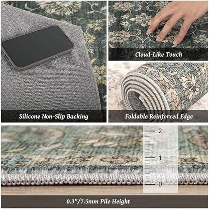 Washable 4x6 Rugs for Living Room, Boho Non-Slip Vintage Distress Small Rugs for Bedroom Nursery Office, 0.3" Neutral Oriental Throw Thin Carpet with Cushioning Pad, Sage Green/Multi, E1