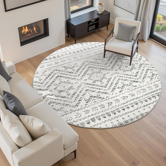 Miukiki Round Rugs 8ft Washable Moroccan Circle Rug for Living Room Non Slip Indoor Floor Carpet Foldable Area Rug for Dining Room with Low Pile(Grey,8'x8')