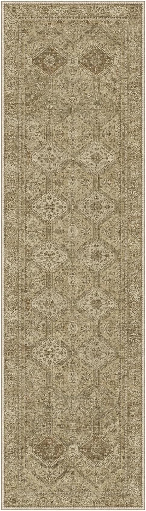 Bavni 2x5 Runner Rugs for Hallways Kitchen, Washable Rug Vintage Print Carpet, Low Pile Lightweight Mat with Non Slip Backing, Light Brown