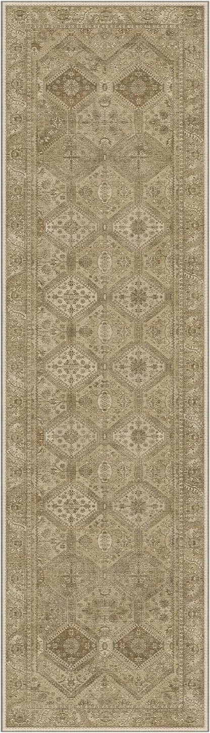 Bavni 2x7 Runner Rugs for Hallways Kitchen, Washable Rug Vintage Print Carpet, Low Pile Lightweight Mat with Non Slip Backing, Light Brown