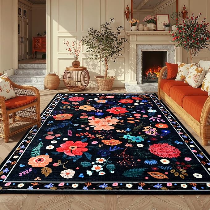 Macgace 5x7 Black Floral Rug for Girls Bedroom, Machine Washable Area Rugs with Non Slip Backingfor Living Room, Cute Flowers Carpet Kitchen Dining Room Kids Playroom Decor