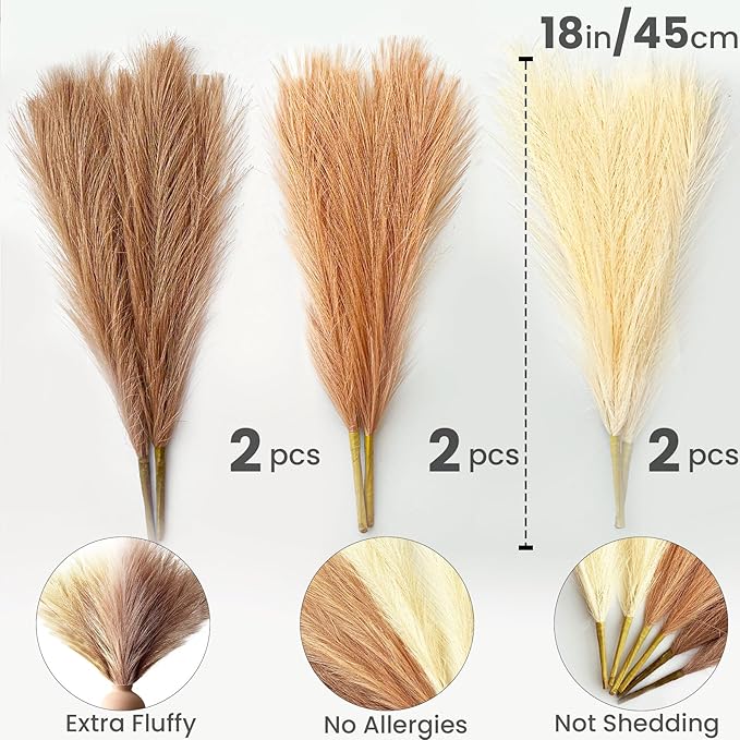 Pampas Grass Decor, Fluffy Faux Pampas Grass 6 Stem 18"/45cm Pompous Grass Small Flower Arrangement and Vase Filler for Boho Home Wedding Decoration