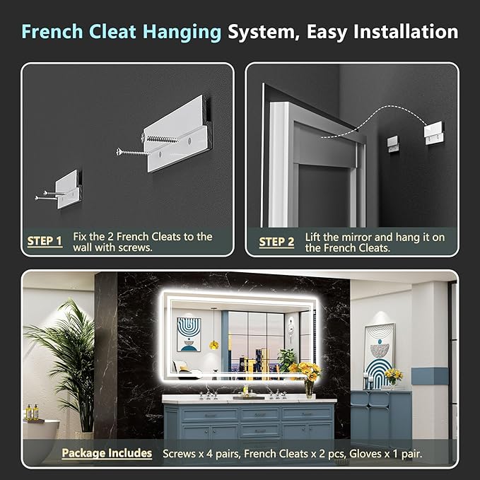 72x40 LED Bathroom Mirror with Lights, Backlit and Front Lit Anti-Fog Lighted Vanity Mirrors for Bathroom Wall, Dimmable, 3-Color Light, Memory, Shatter-Proof, HD Tempered Glass, CRI＞90