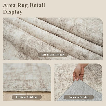 12x12ft Square Living Room Rug – Non-Slip Washable Extra Large Floor Carpet for Bedroom, Dining Room, Playroom Room – Modern Abstract Neutral Thin Low-Pile Big Indoor Rug (Warm Beige)